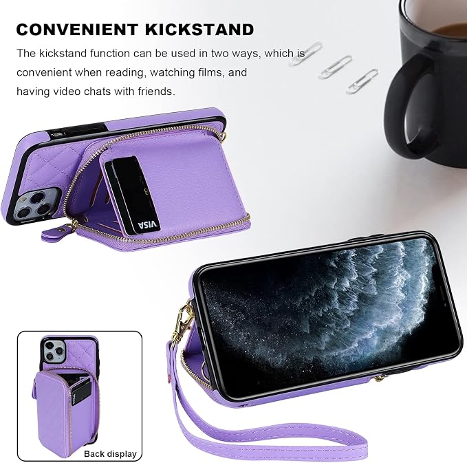 Bocasal Crossbody Wallet Case for iPhone 11 Pro Max, RFID Blocking PU Leather Zipper Handbag Purse Flip Cover, Kickstand Folio Case with Card Slots Holder Wrist Strap Lanyard 6.5 Inch (Purple)