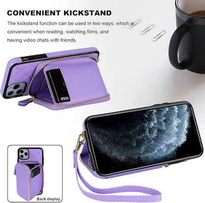Bocasal Crossbody Wallet Case for iPhone 11 Pro Max, RFID Blocking PU Leather Zipper Handbag Purse Flip Cover, Kickstand Folio Case with Card Slots Holder Wrist Strap Lanyard 6.5 Inch (Purple)