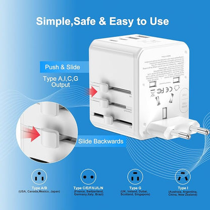 Universal Travel Adapter 25W, International Power Plug Converter with 2500W High Power Support, All-in-One AC Adapter for Europe UK US AUS, 2 USB-C + 2 USB-A Ports, Compact Travel Charger