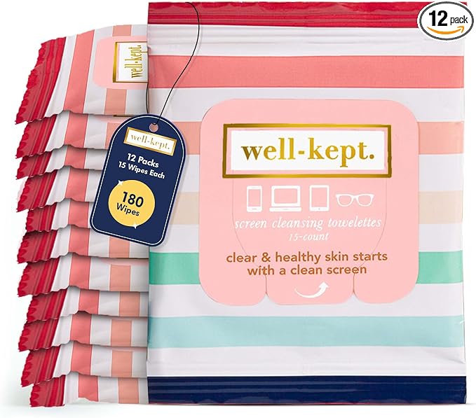 Well-Kept Tech & Lens Wipes - Eyeglass, Screen & Phone Cleaning, Multi-Surface, Lint-Free, Pre Moistened, Streak-Free & Non Scratching - Better Days, 12 Pack (180 Count)