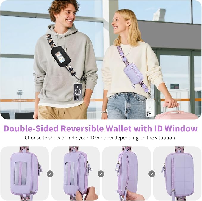 Tiostep Clip and Go Strap for Phone with Wallet Crossbody Phone Lanyard with Anti-Theft Zipper Pouch Detachable Quilted Wrist Wallet with RFID and ID Window for Daily Travel.