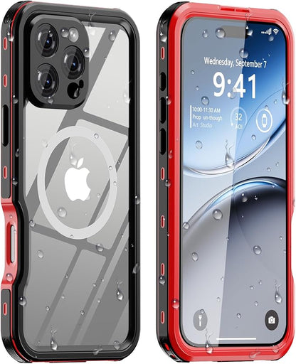 for iPhone 16 Pro Max Case Waterproof | Shockproof Dust Proof Phone Case Cover with Screen Protector for iPhone 16 Promax - Red