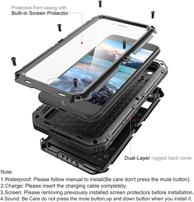 Beasyjoy for iPhone SE 2022/2020/ 8/7 Metal Case, Waterproof Heavy Duty Case with Screen Protector, Full Body Protection Military Grade Shockproof Defender Durable Sturdy Rugged Aluminum Cover, Black
