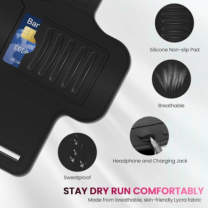 PORTHOLIC 2025 Running Armband Water Resistant Sports Phone Holder Case with Extension Strap, Key Card Slot Up to 6.9" Phone for iPhone 17/16/15/14/13 Plus Air Pro Max XR/XS, Galaxy S25/24/S10