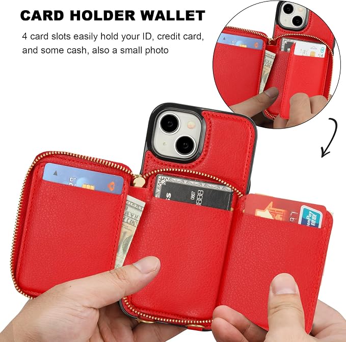 Bocasal RFID Blocking Wallet Case for iPhone 15, Adjustable Crossbody Zipper Purse Case Card Holder with Kickstand Detachable Wrist Strap, PU Leather Flip Folio Case 6.1 Inch 5G (Red)