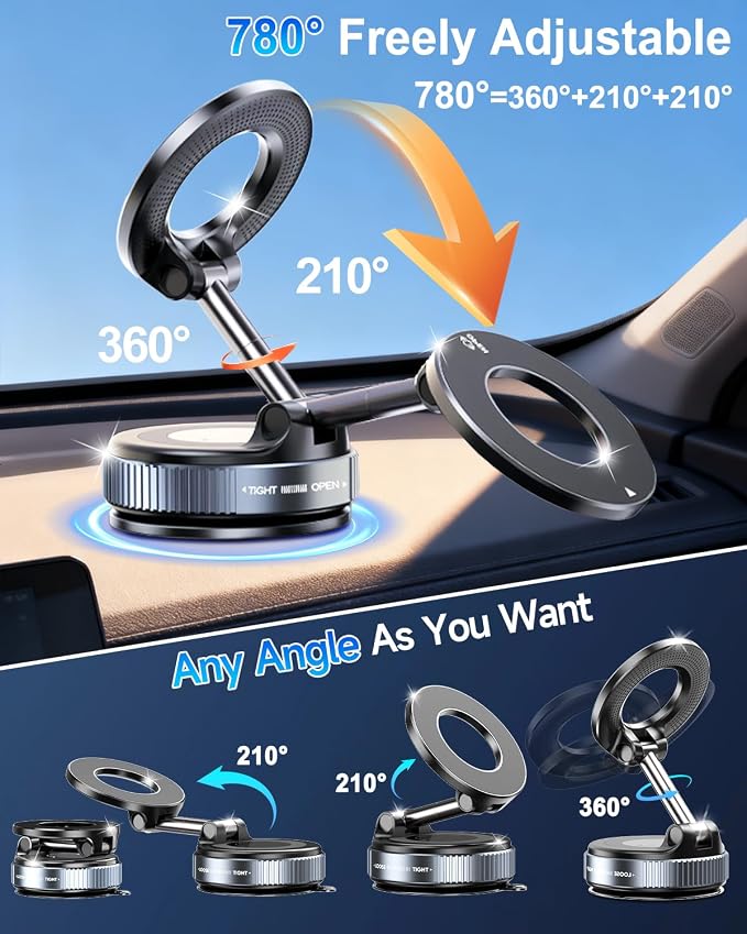 Upgraded Vacuum Magnetic Car Phone Holder for Your Car [120LBS Ultra Suction Cup & 3000gf Magnet] 780° Adjustable Foldable Cell Phone Mount for Magsafe Dashboard Car Bracket Stand for iPhone & Android