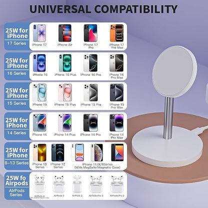Magnetic Wireless Charging iPhone Stand,25W Fast Mag-Safe Charging Stand Station Pad 6 Foot Long Apple Magnet Wireless Charger with Plug for iPhone 17/17 Pro/Air/16/15/14/13/12 Series,AirPods Pro 3/4