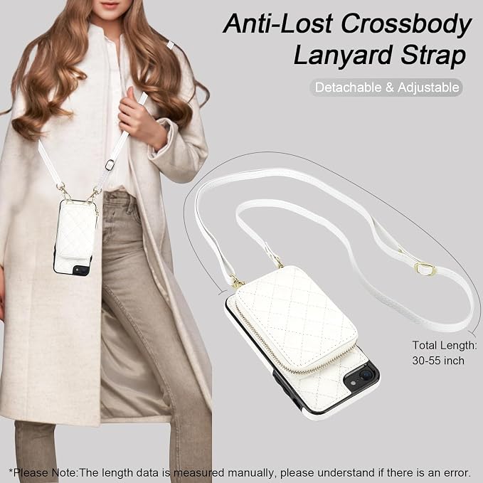 Bocasal Crossbody Wallet Case for iPhone SE 2022/SE 2020/8/7, RFID Blocking PU Leather Zipper Handbag Purse Flip Cover, Kickstand Folio Case with Card Slots Holder Wrist Strap Lanyard 4.7 Inch (White)