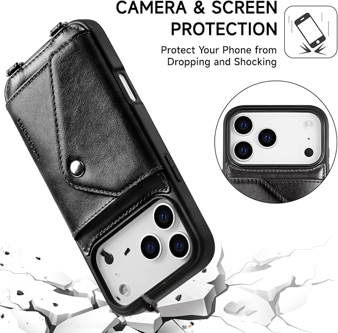LUCKYCOIN for iPhone 17 Pro Max Crossbody Wallet Case – Genuine Leather Phone Purse with Adjustable Strap and Card Holder,Lanyard Phone Purse Case for Women,Vintage Black