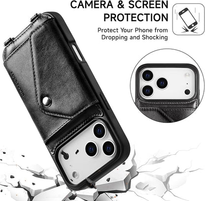 LUCKYCOIN for iPhone 17 Pro Max Crossbody Wallet Case – Genuine Leather Phone Purse with Adjustable Strap and Card Holder,Lanyard Phone Purse Case for Women,Vintage Black