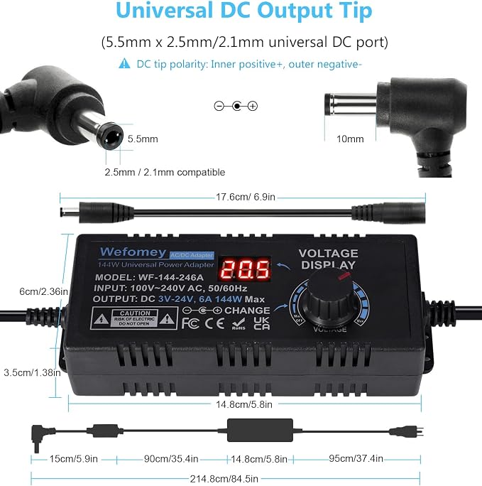 Universal Power Supply 3V~24V 6A 144W Adjustable Variable 3V 5V 9V 12V 18V 20V 24V AC/DC Adapter Charger, 100V-240V AC to DC Converter with 14 Tips, Polarity Converter and 4-Way Power Splitter Cable