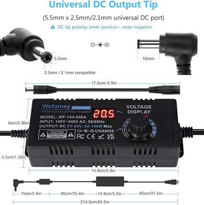 Universal Power Supply 3V~24V 6A 144W Adjustable Variable 3V 5V 9V 12V 18V 20V 24V AC/DC Adapter Charger, 100V-240V AC to DC Converter with 14 Tips, Polarity Converter and 4-Way Power Splitter Cable