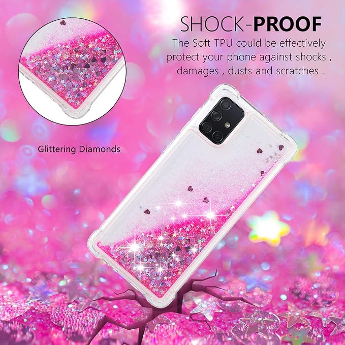 Glitter Case Silicone für Galaxy A71 Liquid Pink, Womens Girls Bling Liquid Floating Phone Case Bumper Cover Yellowing-Resistant Gel Silicone Protective Back Case compatible with Samsung Galaxy A71