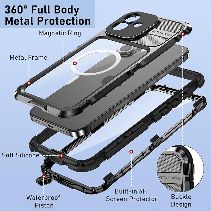 WIFORT for iPhone 16 Waterproof Case - Metal Heavy Duty [Built-in Screen Protector] [14FT Military Shockproof] [Fit for MagSafe], IP68 Full Body Rugged Water Proof Magnetic Cover, 6.1" Black