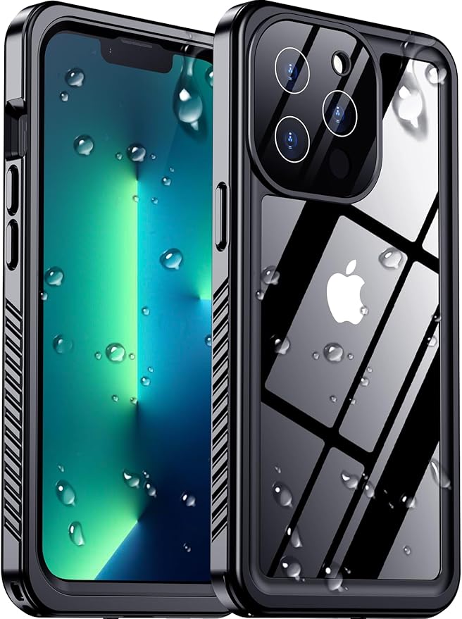 Temdan Compatible with iPhone 13 Pro Max Case Waterproof, Built-in Screen & Camera Protector IP68 Underwater Full Body 13FT Military Dropproof Shockproof Phone Case 6.7"-Black/Clear