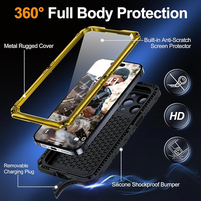 Mitywah Waterproof Case for iPhone 15 Pro, Heavy Duty Shockproof Case with Built-in Screen Protector, Full Body Underwater Protective Metal Case 6.1 inch, Yellow
