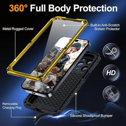 Mitywah Waterproof Case for iPhone 15 Pro, Heavy Duty Shockproof Case with Built-in Screen Protector, Full Body Underwater Protective Metal Case 6.1 inch, Yellow