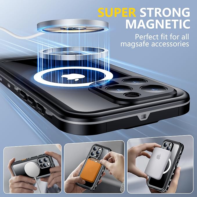 Red2Fire for iPhone 16 Pro Max Case Waterproof, [Built-in Screen Protector & Camera Protector][Compatible with MagSafe][Full Body Shockproof][IP68 Waterproof][Dustproof] Phone Case 6.9" Black/Clear