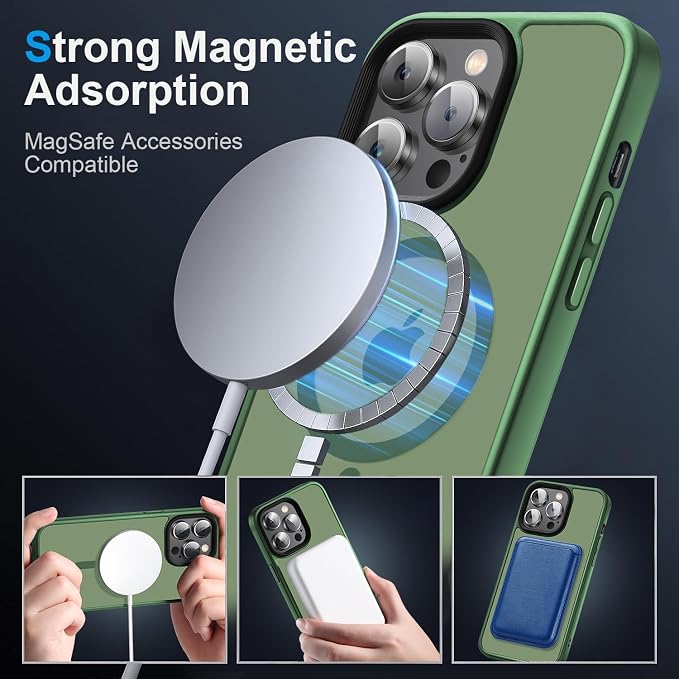 Magnetic Case for iPhone 14 Pro Max Case [10FT-Grade Drop Tested & Compatible with MagSafe] Translucent Anti-Fingerprint Anti Shockproof Protective Shell 6.7 Inch, Alpine Green