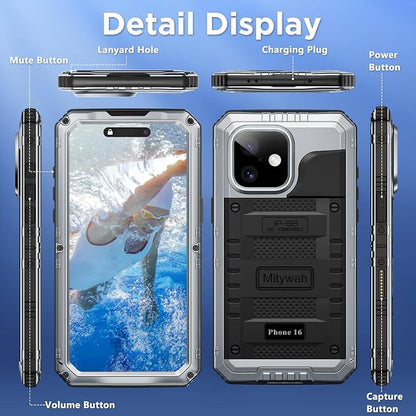 Mitywah Waterproof Case for iPhone 16, Shockproof Heavy Duty Case with Built-in Screen Protector, Underwater Full Body Protective Metal Case 6.1 inch, Silver