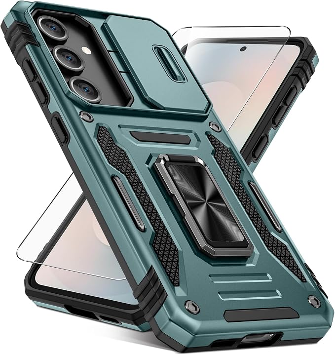 Caka for Samsung Galaxy S25 FE Case [HD Screen Protector] [Full Camera Lens Cover] [360°Rotated Kickstand Ring] [Heavy Duty Protection] Hard Rugged Protective Phone Cover for S25 FE - Alpine Green