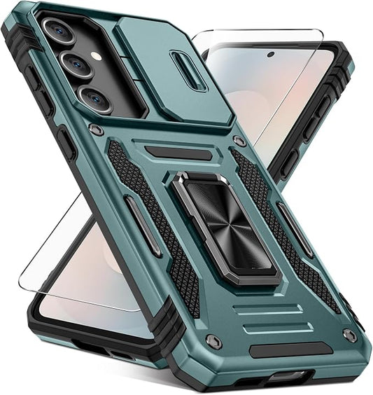 Caka for Samsung Galaxy S25 FE Case [HD Screen Protector] [Full Camera Lens Cover] [360°Rotated Kickstand Ring] [Heavy Duty Protection] Hard Rugged Protective Phone Cover for S25 FE - Alpine Green