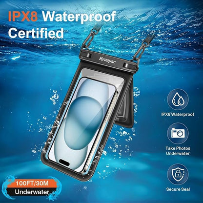 Rynapac IPX8 Waterproof Phone Pouch 2 Pack, [Up to 8.5''] Double Space Waterproof Phone Case with Lanyard for iPhone 17 16 15 14 Pro Max, Cellphone Dry Bag for Beach Vacation Cruise Essentials