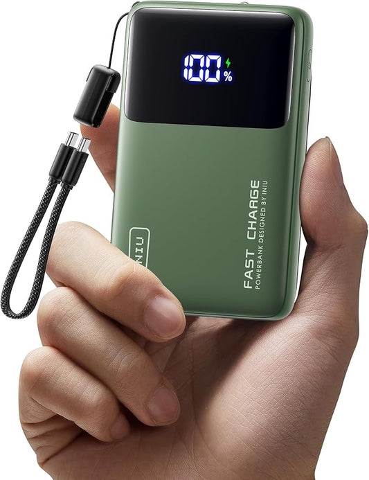 INIU Ultra Compact Power Bank, 10000mAh 45W Fast Charging Portable Charger with Detachable USB-C Cable & Stand, Flight-Safe Travel Battery Pack for Business Trip, Hiking, Cycling, Outdoor, Green