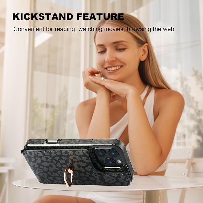 HAOPINSH for iPhone 16 Pro Max Wallet Case with Card Holder, 360°Rotation Ring Kickstand, Black Leopard Pattern, RFID Blocking Leather for Girls Women, Double Buttons Protective Cover 6.9"