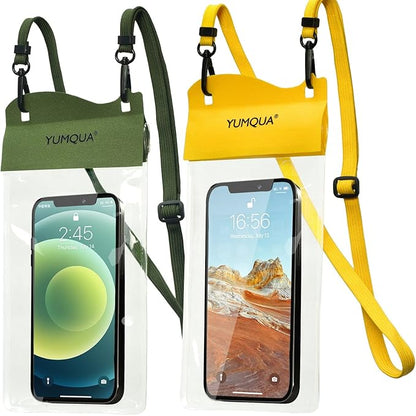 YUMQUA Large Waterproof Phone Pouch 2 Pack, IPX8 Waterproof Cell Phone Case Dry Bag Compatible with iPhone 15 14 13 12 11 Pro Max/Galaxy S23 Ultra S22 Pixel 4 XL Up to 7.5", Army Green+Yellow