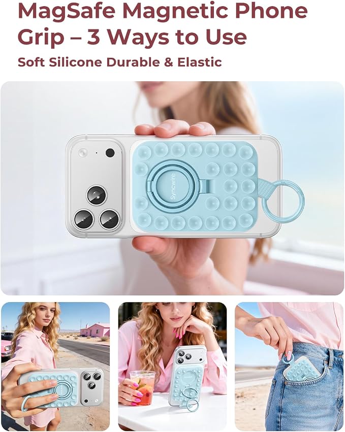 Syncwire Magnetic Suction Phone Mount for MagSafe, Silicone Octo Cup Buddy Sticky Grip Ring Holder, Hands-Free/Selfie/Video for TikTok & Instagram Influencer/Creator, iPhone Compatible,Sky Blue