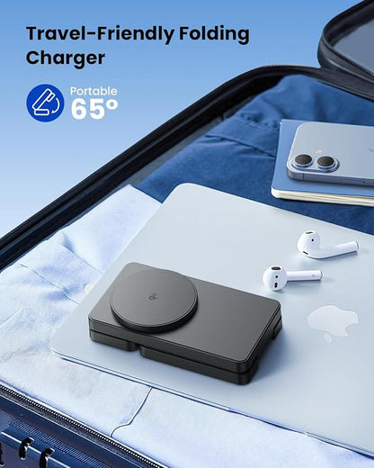 Magnetic Wireless Charging Station for Apple: Upgraded Qi2 Certified 15W 3-in-1 Magsafe Wireless Charger Stand, Foldable Travel Fast Charger for iPhone 17 16 15 14 13 12 Series, Apple Watch, AirPods