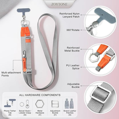 Phone Lanyard Crossbody with 2 Phone Tabs, Adjustable Anti Theft Phone Strap for iPhone & Android, Universal Skin-Friendly Cell Phone Neck Lanyard for Travel Hiking Cycling Shopping (Grey)