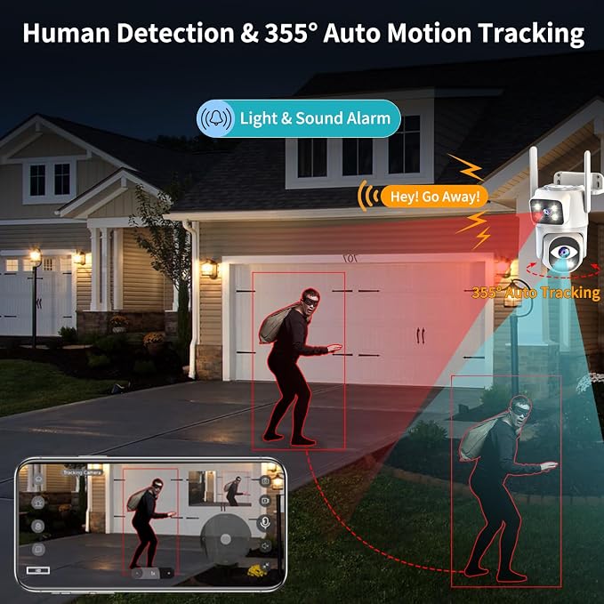 Dual Lens Security Camera Outdoor,WiFi Camera for Home Security,Home Survaillance Outdoor,PTZ,2-Way Audio, Auto Tracking,Night Vision,24/7 Continous Record,IP65 Weather Proof