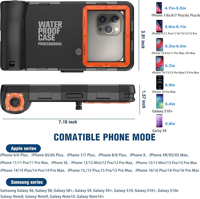 𝟐𝟎𝟐5 Underwater Snorkeling Diving Phone Case for Phone 16/15/14/13/12/11 Pro Max/XR/XS/X Galaxy S8/S9/S10.[50ft/15m] Professional Scuba Dive Waterproof Case Underwater Photo Video Black