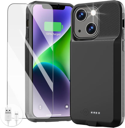 GIN FOXI Battery Case for iPhone 13/13 Pro/14/14 Pro, Charging Case Real 7000mAh Rechargeable Charger Cover Anti-Fall Protection Ultra-Slim Extended Battery Pack Juice Box, 6.1" Black