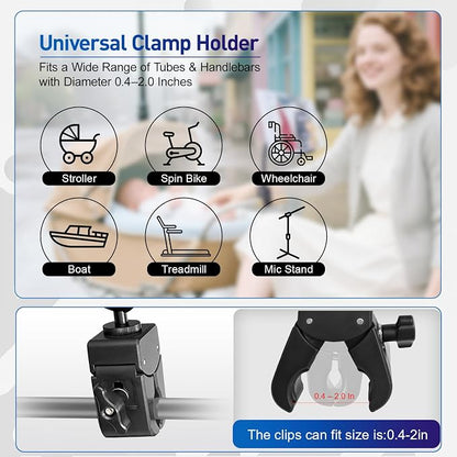 Clip Phone Holder for Desk,Pole,Pipe,Boom,Flat Surface with Adjustable Aluminium Arm Phone Clamp Mount for Mic Stand,Treadmill Compatible with All 4-7” Cell Phone (Short-Aluminium Arm Phone Holder)