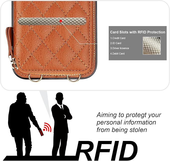 Bocasal Crossbody Wallet Case for iPhone 15 Plus, RFID Blocking PU Leather Zipper Handbag Purse Flip Cover, Kickstand Folio Case with Card Slots Holder Wrist Strap Lanyard 5G 6.7 Inch (Brown)