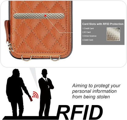 Bocasal Crossbody Wallet Case for iPhone 15 Plus, RFID Blocking PU Leather Zipper Handbag Purse Flip Cover, Kickstand Folio Case with Card Slots Holder Wrist Strap Lanyard 5G 6.7 Inch (Brown)