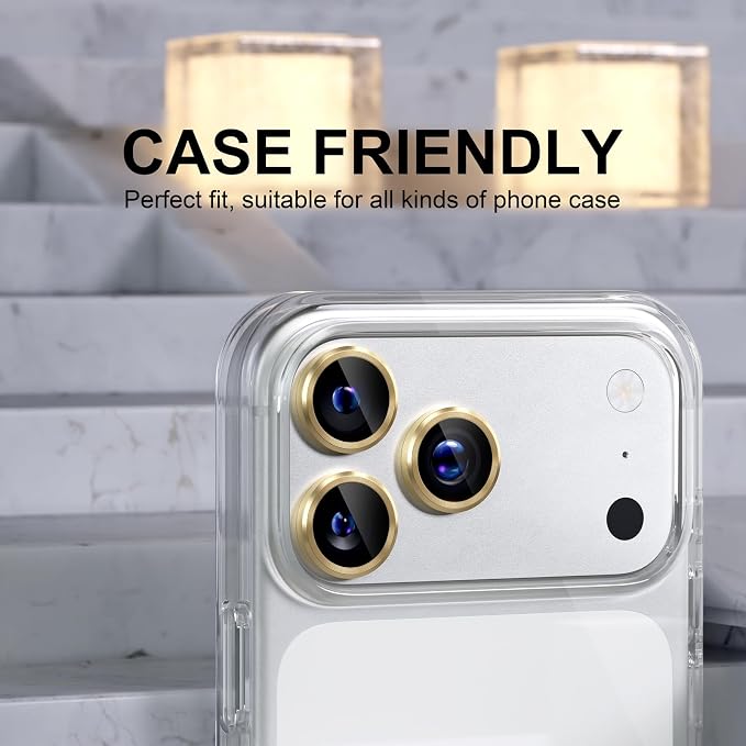 Choiche Compatible for iPhone 17 Pro/iPhone 17 Pro Max Camera Lens Protector, 9H Tempered Glass Camera Cover Screen Protector Metal Ring Decoration Accessories (Gold)