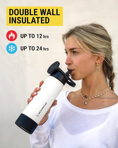 Scosche MFMS32 MagicMount Flask 32 oz Stainless Steel Water Bottle with MagSafe Phone Mount Stand, 12H Hot & 24H Cold, Insulated Flask with Magnetic Phone Holder for Gym, Travel, Sports, 32oz White