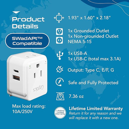 Ceptics 20W European Travel Plug Adapter, 2 USA Outlets, USB-C & USB-A | European Plug Adapter, Type C, E/F, G SWadAPt Attachments, PD & QC USB ports, European Adapter for Germany, France, Italy, UK
