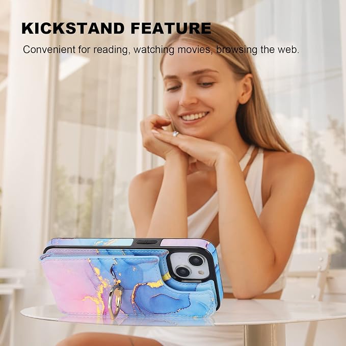 HAOPINSH for iPhone 13/ iPhone 14 Wallet Case with Card Holder, 360°Rotation Ring Kickstand, Pink Blue Marble Pattern, RFID Blocking Leather for Girls Women, Double Buttons Protective Cover 6.1"