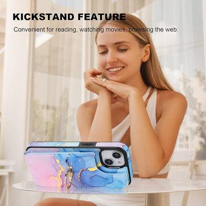 HAOPINSH for iPhone 13/ iPhone 14 Wallet Case with Card Holder, 360°Rotation Ring Kickstand, Pink Blue Marble Pattern, RFID Blocking Leather for Girls Women, Double Buttons Protective Cover 6.1"