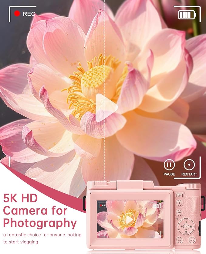 FLATIC 5K Digital Camera with WiFi, Cameras for Photography with 180°Flip Screen, Vlogging Camera with 64GB Card, Battery, Camera for Beginner, Teens