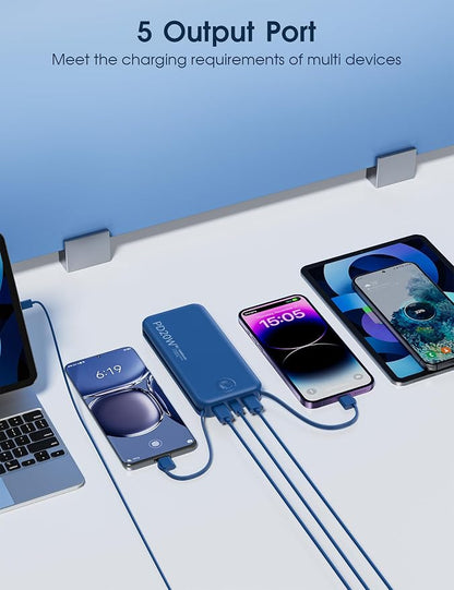 Nusyddy Portable Charger 10000mAh PD20W w/Built-in Cables & Wall Plug Navy | PD20W Fast Charging, Battery Indicator, Pass Through Charging, TSA Approved, Compact/Slim, Power Bank for iPhone/iPad/Samsung