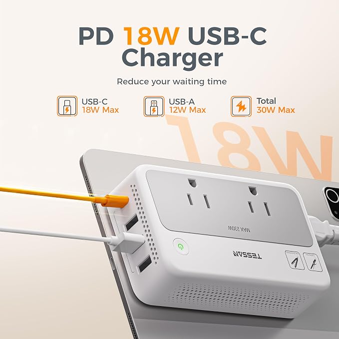 TESSAN 220V to 110V Voltage Converter | Universal Travel Power Adapter with Type C/G/D/I/L Plugs, 2 AC Outlets, 4 USB Ports (1 USB-C), 230W Max Step Down Transformer