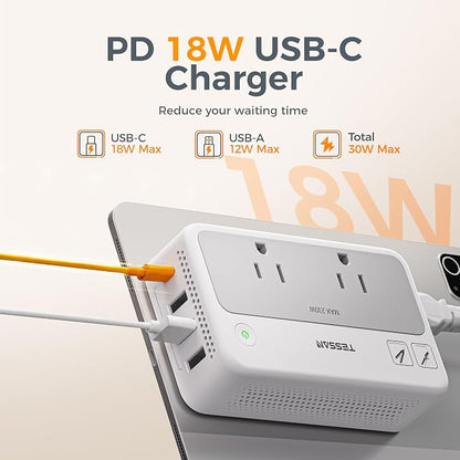 TESSAN 220V to 110V Voltage Converter | Universal Travel Power Adapter with Type C/G/D/I/L Plugs, 2 AC Outlets, 4 USB Ports (1 USB-C), 230W Max Step Down Transformer