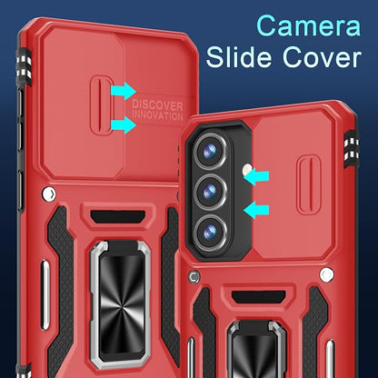 DEERLAMN Case for Samsung Galaxy A37 5G with Slide Camera Cover+Screen Protector (1 Pack), Rotated Ring Kickstand Military Grade Shockproof Protective Cover-Red