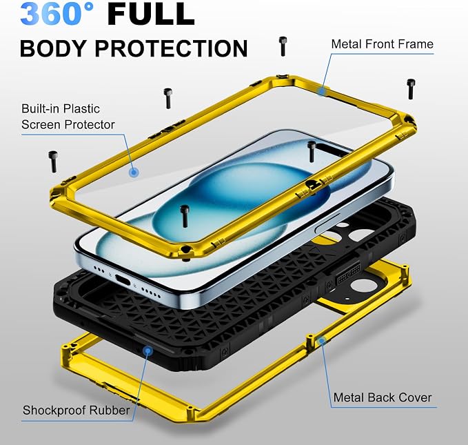 Beasyjoy for iPhone 15 Case Waterproof, Metal Heavy Duty Full Body Protective Case with Built-in Screen Protector, Military Grade Shockproof Dustproof Defender Rugged Cover for iPhone 15 6.1", Yellow